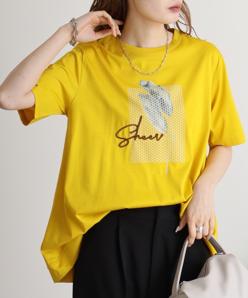 BRODIAEA(ブローディア)の「BRODIAEA イラストプリント極サラTシャツ(Tシャツ/カットソー・レディース・ブラック/ライム/サーモンピンク/シルバーグレー/マスタード・40)」の4枚目の写真