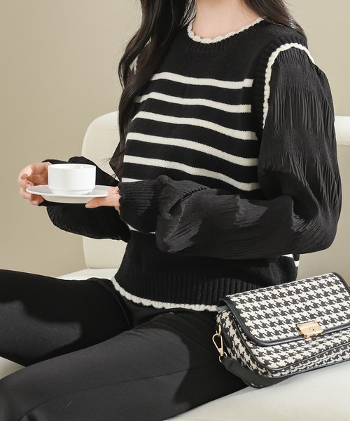 Lace Ladies（レースレディース）の「フェイクレイヤード ボーダー柄 ニット ベスト ドッキング トップス（ニット/セーター・レディース・ブラック/アイボリー・FREE）」の6枚目の写真