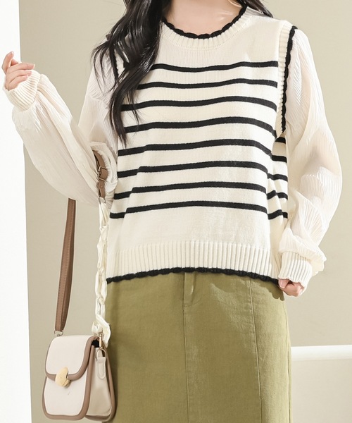 Lace Ladies（レースレディース）の「フェイクレイヤード ボーダー柄 ニット ベスト ドッキング トップス（ニット/セーター・レディース・ブラック/アイボリー・FREE）」の9枚目の写真