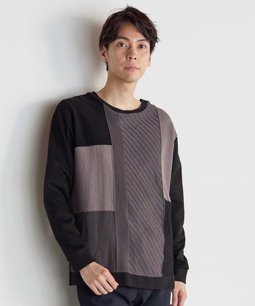 UNION STATION(ユニオンステーション)の「ニット×ポンチ パネル切り替え ドッキング クルーネックロンT(Tシャツ/カットソー・メンズ・ホワイト/ライトグレー/ブラック・M/L/LL)」の2枚目の写真