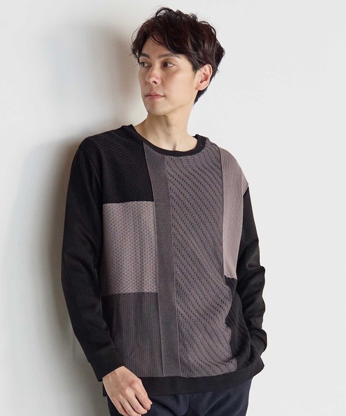 UNION STATION(ユニオンステーション)の「ニット×ポンチ パネル切り替え ドッキング クルーネックロンT(Tシャツ/カットソー・メンズ・ホワイト/ライトグレー/ブラック・M/L/LL)」の5枚目の写真