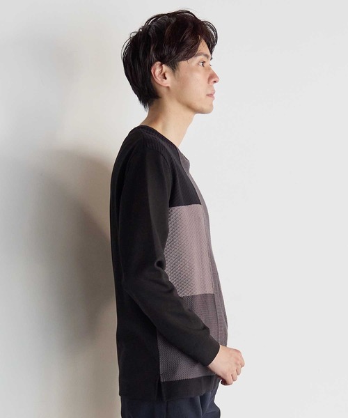 UNION STATION(ユニオンステーション)の「ニット×ポンチ パネル切り替え ドッキング クルーネックロンT(Tシャツ/カットソー・メンズ・ホワイト/ライトグレー/ブラック・M/L/LL)」の6枚目の写真