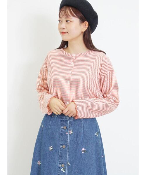 Samansa Mos2（サマンサ モスモス）の「ワンポイント刺繍シアーボーダーカーディガン（カーディガン/ボレロ・レディース・グリーン/レッド/オフホワイト/ネイビー・F）」の13枚目の写真