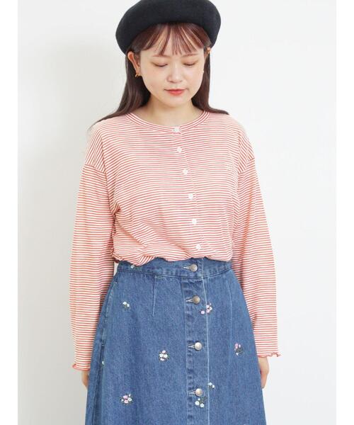 Samansa Mos2（サマンサ モスモス）の「ワンポイント刺繍シアーボーダーカーディガン（カーディガン/ボレロ・レディース・グリーン/レッド/オフホワイト/ネイビー・F）」の14枚目の写真