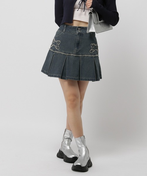 3.3 Field Trip （3.3フィールドトリップ）の「3.3 Field Trip／リボンプリーツスカート（デニムスカート・レディース・ブルー/ブラック・FREE）」の12枚目の写真