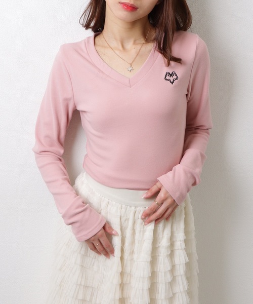 ソリッドカラー Vネック 刺繍 タイトシルエット ニット トップス