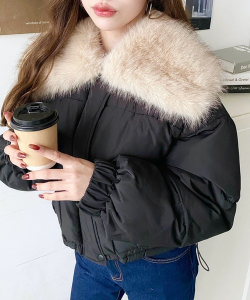 セール】ファー付きビックカラーショート丈ファイバーダウンブルゾン