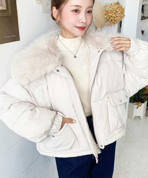 セール】ファー付きビックカラーショート丈ファイバーダウンブルゾン