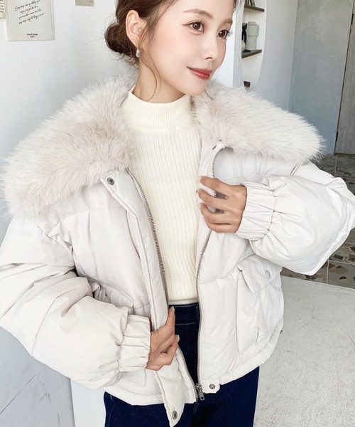 セール】ファー付きビックカラーショート丈ファイバーダウンブルゾン