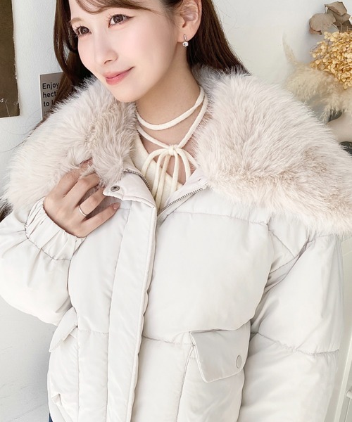 セール】ファー付きビックカラーショート丈ファイバーダウンブルゾン