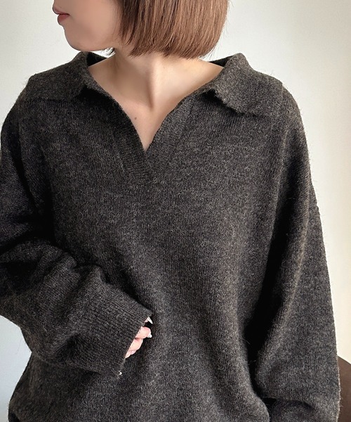 apres jour mignon(アプレジュールミニョン)の「キーネックポロニット【ZOZOTOWN限定アイテム】(ニット/セーター・レディース・マスタード/ブラウン系その他/チャコールグレー・X-LARGE/フリー)」の5枚目の写真