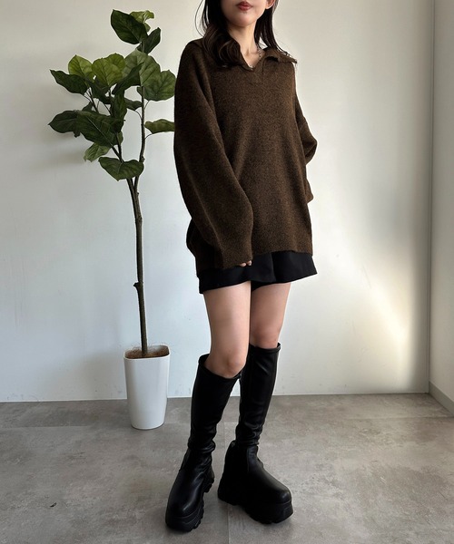 apres jour mignon(アプレジュールミニョン)の「キーネックポロニット【ZOZOTOWN限定アイテム】(ニット/セーター・レディース・マスタード/ブラウン系その他/チャコールグレー・X-LARGE/フリー)」の13枚目の写真