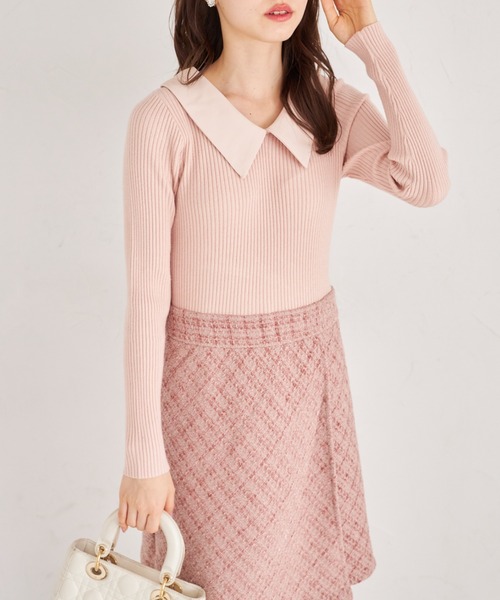 tocco closet（トッコ　クローゼット）の「襟付きリブニット×ツイードドッキングワンピース（ワンピース・レディース・ピンク/ブラック・M）」の10枚目の写真