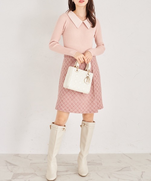 tocco closet（トッコ　クローゼット）の「襟付きリブニット×ツイードドッキングワンピース（ワンピース・レディース・ピンク/ブラック・M）」の7枚目の写真
