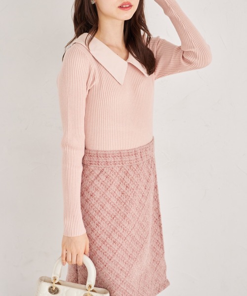 tocco closet（トッコ　クローゼット）の「襟付きリブニット×ツイードドッキングワンピース（ワンピース・レディース・ピンク/ブラック・M）」の11枚目の写真
