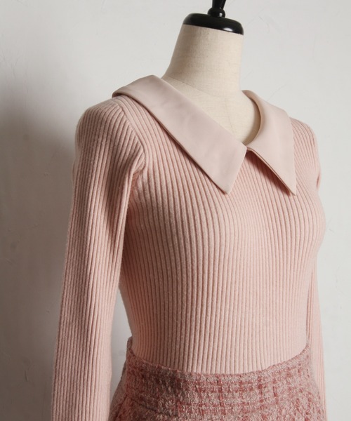 tocco closet（トッコ　クローゼット）の「襟付きリブニット×ツイードドッキングワンピース（ワンピース・レディース・ピンク/ブラック・M）」の21枚目の写真