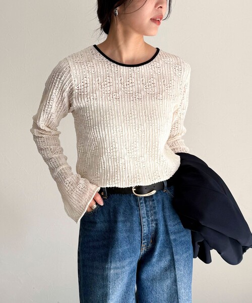 fredy emue(フレディエミュ)の「ストレッチレース袖フレアーTシャツ(Tシャツ/カットソー・レディース・ブラック/オフホワイト・38)」の9枚目の写真