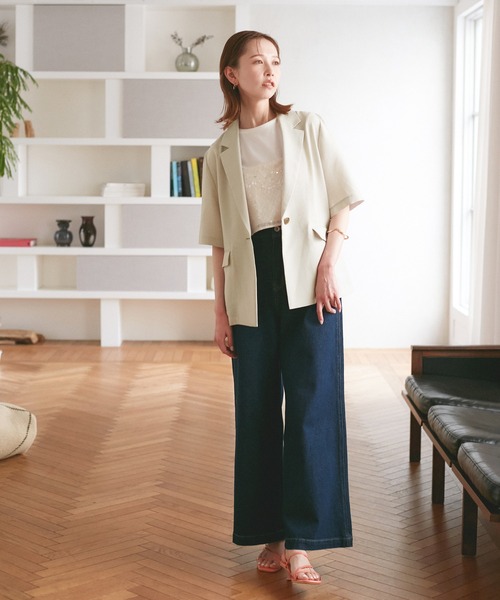 ROPE' PICNIC（ロペピクニック）の「【接触冷感・吸水速乾・防シワ】エフォートレスリラックスハーフスリーブジャケット（テーラードジャケット・レディース・ベージュ/チャコールグレー/ライトグレー・38）」の6枚目の写真