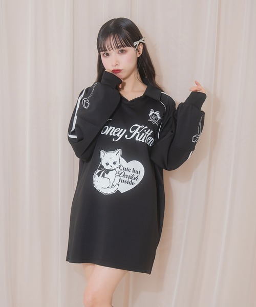 Honey Cinnamon（ハニーシナモン）の「Honey Kitten袖ラインユニフォームトップス（Tシャツ/カットソー・レディース・ブラック/チャコール・FREE）」の5枚目の写真