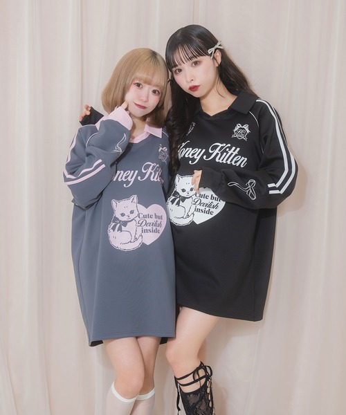 Honey Cinnamon（ハニーシナモン）の「Honey Kitten袖ラインユニフォームトップス（Tシャツ/カットソー・レディース・ブラック/チャコール・FREE）」の4枚目の写真