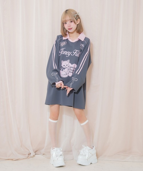 Honey Cinnamon（ハニーシナモン）の「Honey Kitten袖ラインユニフォームトップス（Tシャツ/カットソー・レディース・ブラック/チャコール・FREE）」の10枚目の写真
