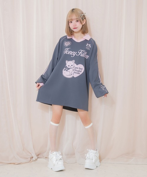 Honey Cinnamon（ハニーシナモン）の「Honey Kitten袖ラインユニフォームトップス（Tシャツ/カットソー・レディース・ブラック/チャコール・FREE）」の11枚目の写真
