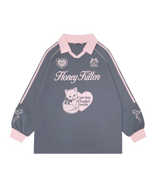 Honey Cinnamon（ハニーシナモン）の「Honey Kitten袖ラインユニフォームトップス（Tシャツ/カットソー・レディース・ブラック/チャコール・FREE）」の12枚目の写真