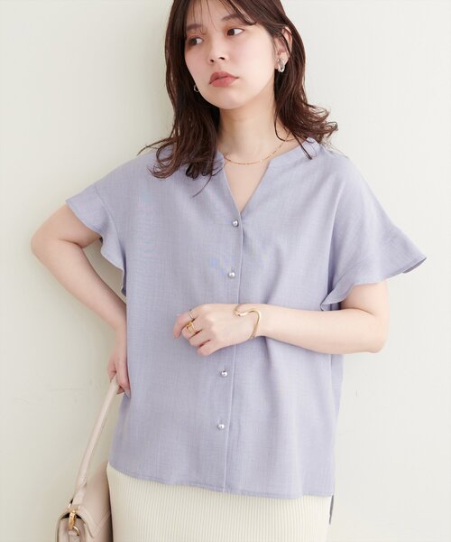 natural couture(ナチュラルクチュール)の「麻調合繊フリル袖ブラウス(シャツ/ブラウス・レディース・ライトベージュ/サックスブルー/ブラック/グレー/ピンク/ミント/ブルー・FREE)」の9枚目の写真