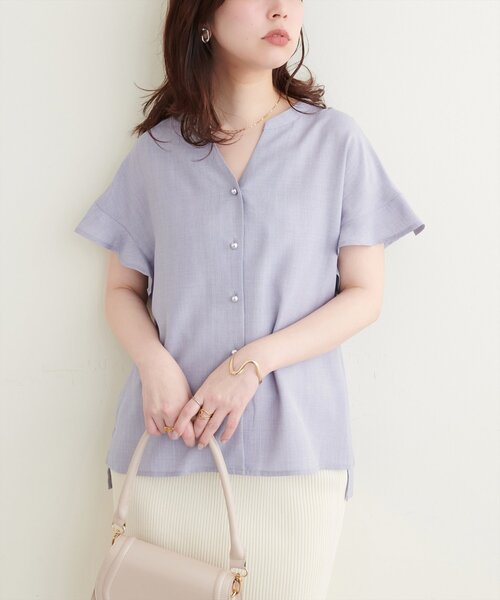 natural couture(ナチュラルクチュール)の「麻調合繊フリル袖ブラウス(シャツ/ブラウス・レディース・ライトベージュ/サックスブルー/ブラック/グレー/ピンク/ミント/ブルー・FREE)」の10枚目の写真