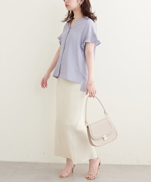 natural couture(ナチュラルクチュール)の「麻調合繊フリル袖ブラウス(シャツ/ブラウス・レディース・ライトベージュ/サックスブルー/ブラック/グレー/ピンク/ミント/ブルー・FREE)」の12枚目の写真
