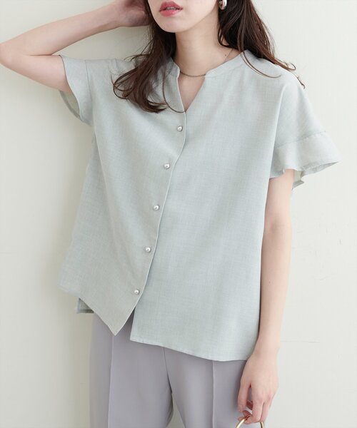 natural couture(ナチュラルクチュール)の「麻調合繊フリル袖ブラウス(シャツ/ブラウス・レディース・ライトベージュ/サックスブルー/ブラック/グレー/ピンク/ミント/ブルー・FREE)」の13枚目の写真