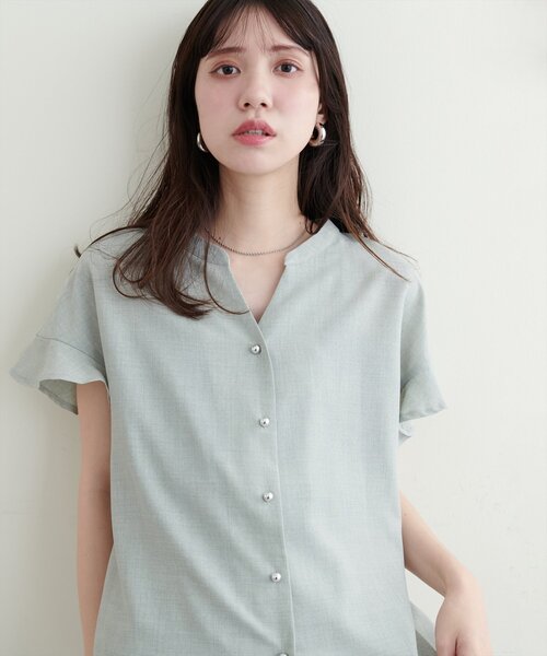 natural couture(ナチュラルクチュール)の「麻調合繊フリル袖ブラウス(シャツ/ブラウス・レディース・ライトベージュ/サックスブルー/ブラック/グレー/ピンク/ミント/ブルー・FREE)」の15枚目の写真