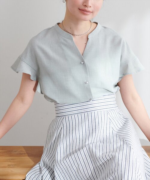 natural couture(ナチュラルクチュール)の「麻調合繊フリル袖ブラウス(シャツ/ブラウス・レディース・ライトベージュ/サックスブルー/ブラック/グレー/ピンク/ミント/ブルー・FREE)」の18枚目の写真
