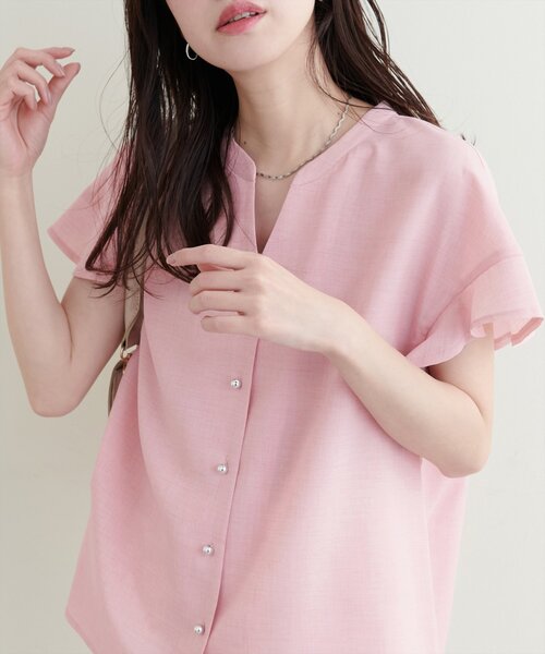 natural couture(ナチュラルクチュール)の「麻調合繊フリル袖ブラウス(シャツ/ブラウス・レディース・ライトベージュ/サックスブルー/ブラック/グレー/ピンク/ミント/ブルー・FREE)」の7枚目の写真