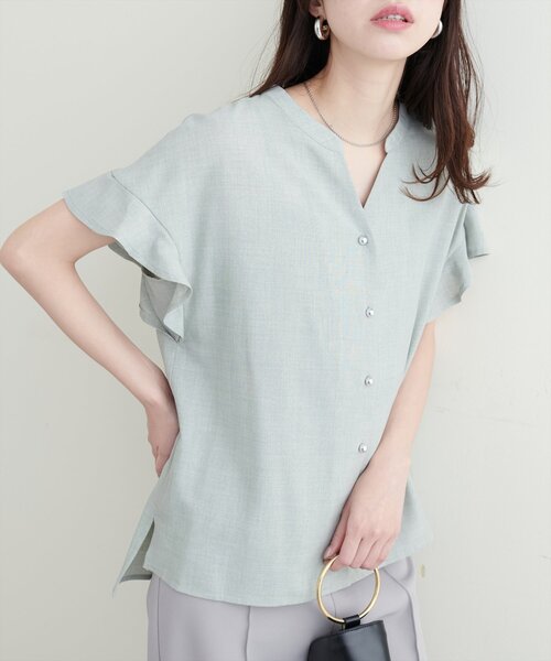 natural couture(ナチュラルクチュール)の「麻調合繊フリル袖ブラウス(シャツ/ブラウス・レディース・ライトベージュ/サックスブルー/ブラック/グレー/ピンク/ミント/ブルー・FREE)」の4枚目の写真
