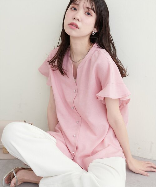 麻調ボタニカルブラウス フェンネル FENNEL 麻調ボタニカルブラウス（SET UP） （グレー