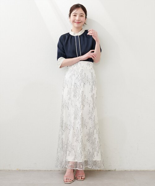 natural couture（ナチュラルクチュール）の「osono長さ変えれる配色レーススカート（スカート・レディース・ライトベージュ/ブルー/ブラック/パープル/オフホワイト・FREE）」の2枚目の写真