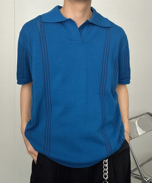 新品1piu1uguale3 スキッパーニット半袖ポロシャツ[MRK175青5] FREAK'S