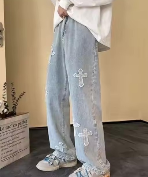 Bling Leads(ブリングリーズ)の「Z)【BLINGLEADS】ABM21623 クロスパッチ DENIM PANT(デニムパンツ・メンズ・サックスブルー/ブラック・FREE)」の2枚目の写真