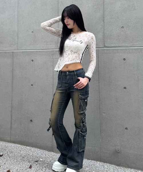 ZIPPER CLUB(ZIPPER CLUB ジッパークラブ)の「wash design belt flare pants(デニムパンツ・レディース・ブルー/ブラック・SMALL/MEDIUM/LARGE)」の8枚目の写真