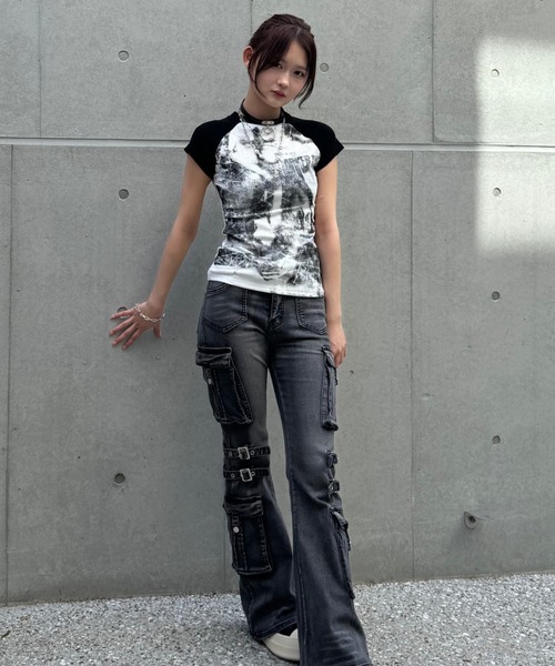 ZIPPER CLUB(ZIPPER CLUB ジッパークラブ)の「wash design belt flare pants(デニムパンツ・レディース・ブルー/ブラック・SMALL/MEDIUM/LARGE)」の6枚目の写真