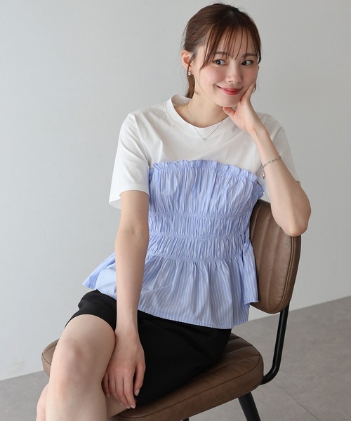 BLUEEAST(ブルーイースト)の「シャーリングビスチェドッキングTシャツ(Tシャツ/カットソー・レディース・ベージュ/ブラック/ブルー系・MEDIUM)」の3枚目の写真