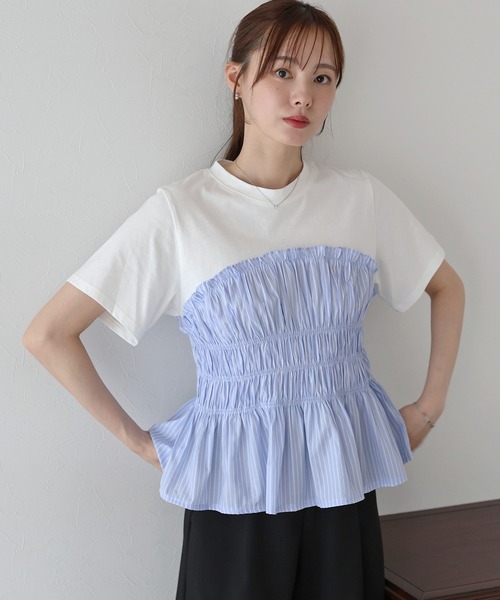 BLUEEAST(ブルーイースト)の「シャーリングビスチェドッキングTシャツ(Tシャツ/カットソー・レディース・ベージュ/ブラック/ブルー系・MEDIUM)」の19枚目の写真