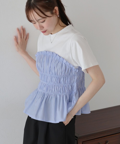 BLUEEAST(ブルーイースト)の「シャーリングビスチェドッキングTシャツ(Tシャツ/カットソー・レディース・ベージュ/ブラック/ブルー系・MEDIUM)」の20枚目の写真