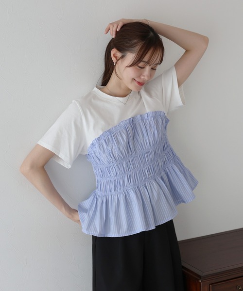 BLUEEAST(ブルーイースト)の「シャーリングビスチェドッキングTシャツ(Tシャツ/カットソー・レディース・ベージュ/ブラック/ブルー系・MEDIUM)」の22枚目の写真
