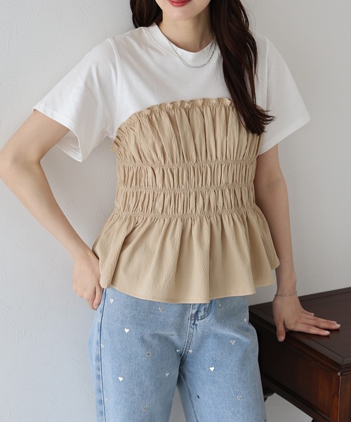 BLUEEAST(ブルーイースト)の「シャーリングビスチェドッキングTシャツ(Tシャツ/カットソー・レディース・ベージュ/ブラック/ブルー系・MEDIUM)」の6枚目の写真