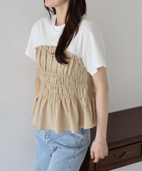 BLUEEAST(ブルーイースト)の「シャーリングビスチェドッキングTシャツ(Tシャツ/カットソー・レディース・ベージュ/ブラック/ブルー系・MEDIUM)」の7枚目の写真