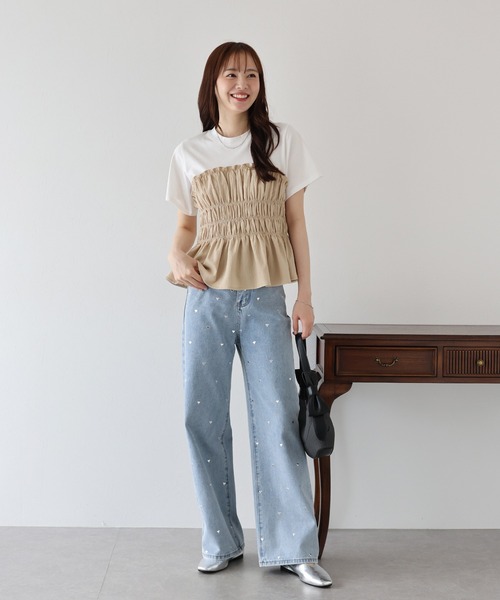 BLUEEAST(ブルーイースト)の「シャーリングビスチェドッキングTシャツ(Tシャツ/カットソー・レディース・ベージュ/ブラック/ブルー系・MEDIUM)」の10枚目の写真