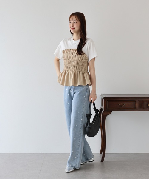 BLUEEAST(ブルーイースト)の「シャーリングビスチェドッキングTシャツ(Tシャツ/カットソー・レディース・ベージュ/ブラック/ブルー系・MEDIUM)」の11枚目の写真