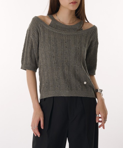 MUHET（ミュエータ）の「2 way glitter layered-look knit t-shirt / ラメレイヤード風ニットTシャツ（Tシャツ/カットソー・レディース・グレー/ネイビー・FREE）」の8枚目の写真